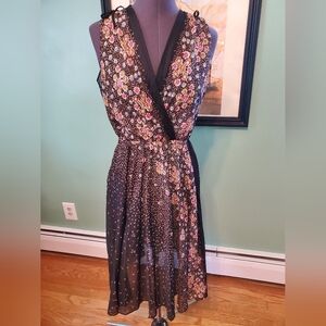Vintage 70s 80s Floral Black Sheer Sleeveless Dress